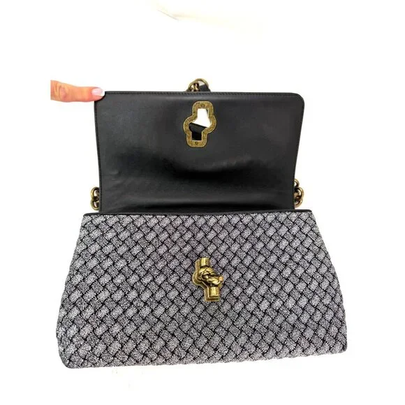 Bottega Veneta Metallic Wool Woven Patent Ayers Olimpia Knot Silver Shoulder Bag - Picture 6 of 12